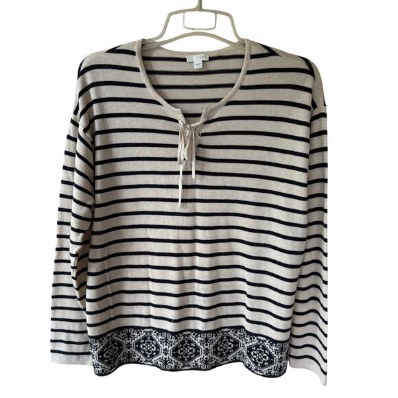 J. Jill Knit Size L striped cris cross pullover sweater size L Off White Black - Picture 1 of 9
